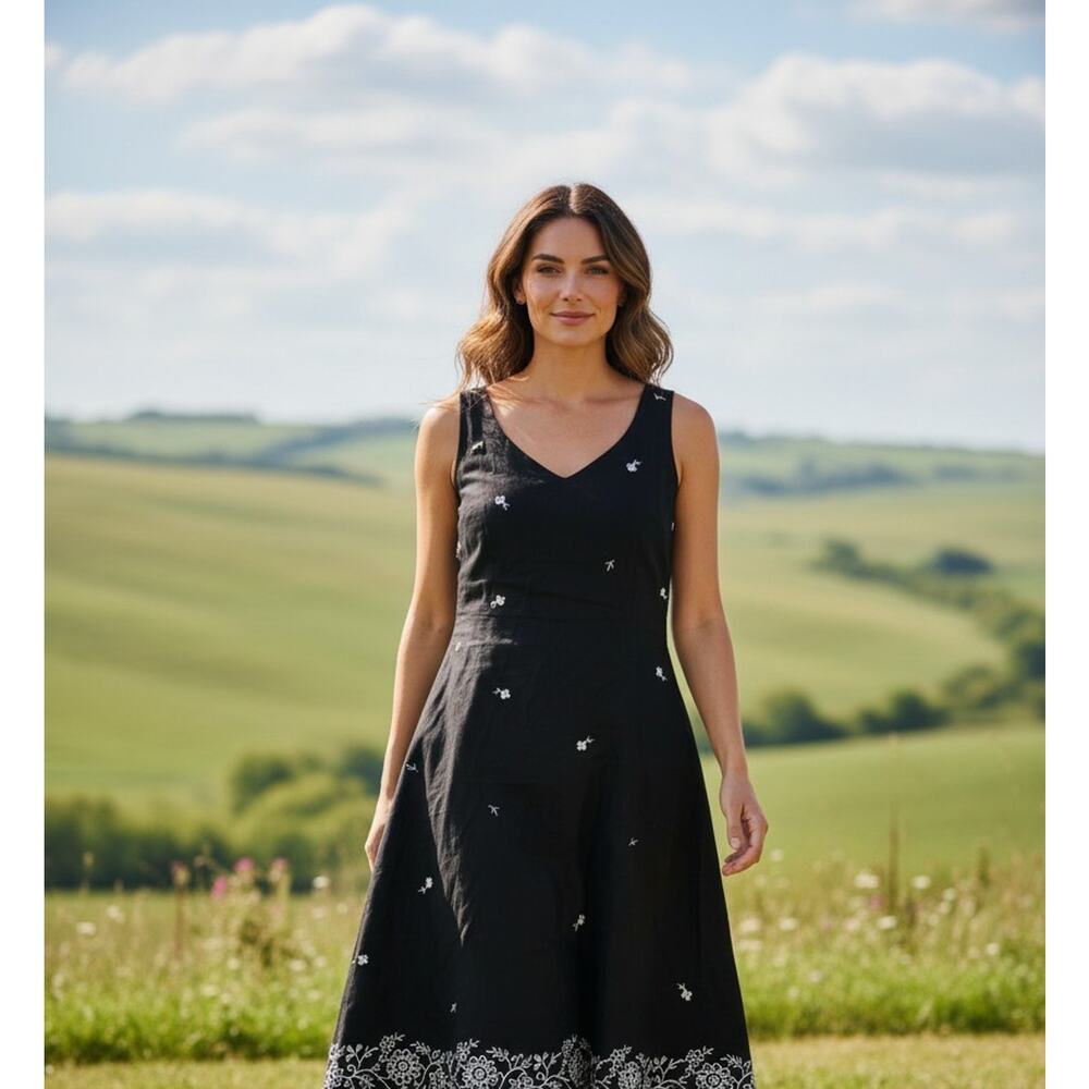 Paraphrase Dress Women 6 Black Embroidered Sundress Linen Rayon Blend Boho Lined